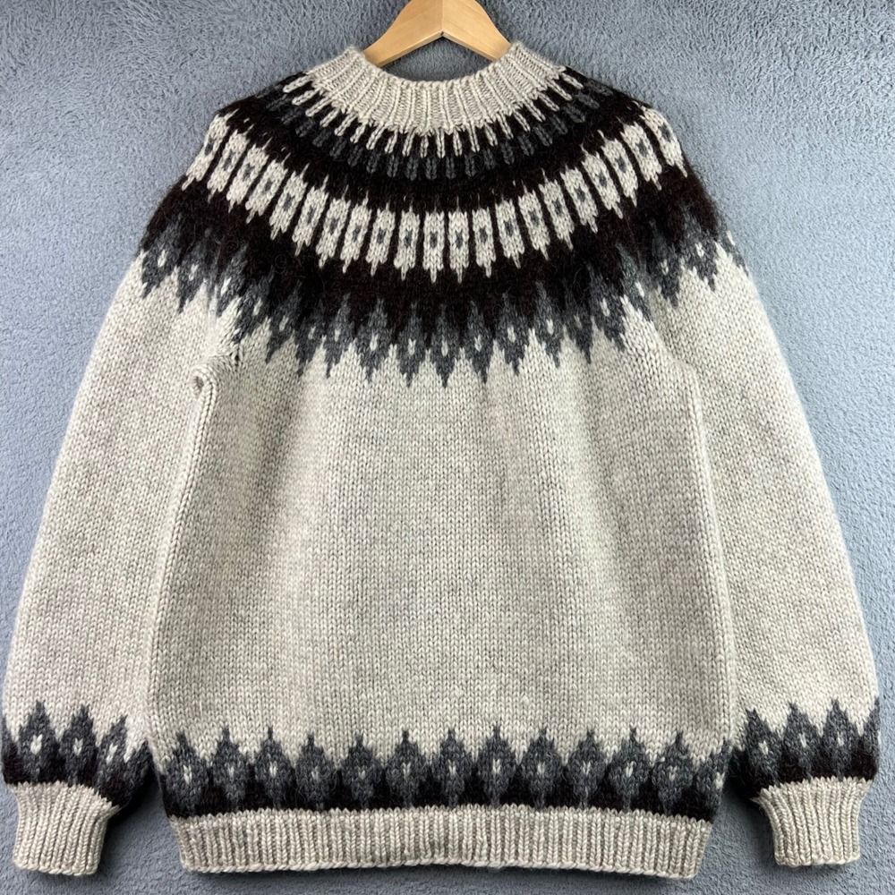 Vintage Hand Knit Icelandic Wool Sweater Fair Isle Nordic Yoke Cream Grey M